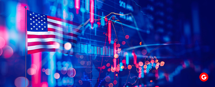 Image of US flag, dollar sign, and stock market graph representing US stock market news.