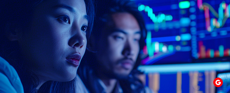 A man and woman collaborating in front of a computer.