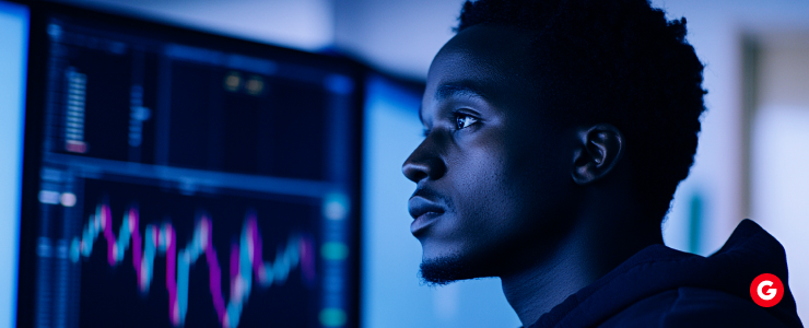 A man intently observes a computer screen displaying a detailed graph, analyzing data trends and insights.
