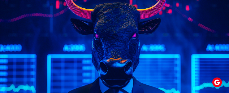 A detailed bull head set against a vibrant blue backdrop, featuring a bold red bull in the composition.