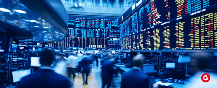 People strolling in front of a stock market board, which features fluctuating stock prices and market trends.